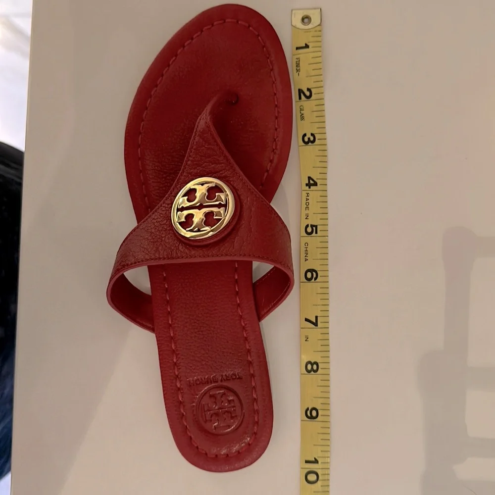 Tory Burch Red Leather Logo Thong Sandals with Gold Medallions